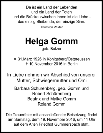 Anzeige von Helga Gomm von Kölner Stadt-Anzeiger / Kölnische Rundschau / Express