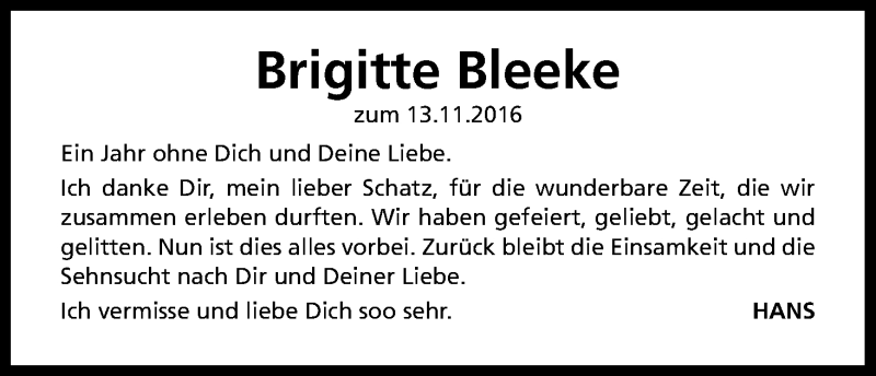  Traueranzeige für Brigitte Bleeke vom 12.11.2016 aus Kölner Stadt-Anzeiger / Kölnische Rundschau / Express