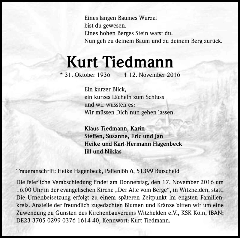  Traueranzeige für Kurt Tiedmann vom 15.11.2016 aus Kölner Stadt-Anzeiger / Kölnische Rundschau / Express
