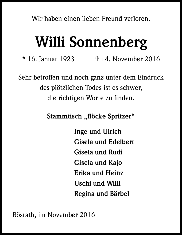  Traueranzeige für Willi Sonnenberg vom 19.11.2016 aus Kölner Stadt-Anzeiger / Kölnische Rundschau / Express