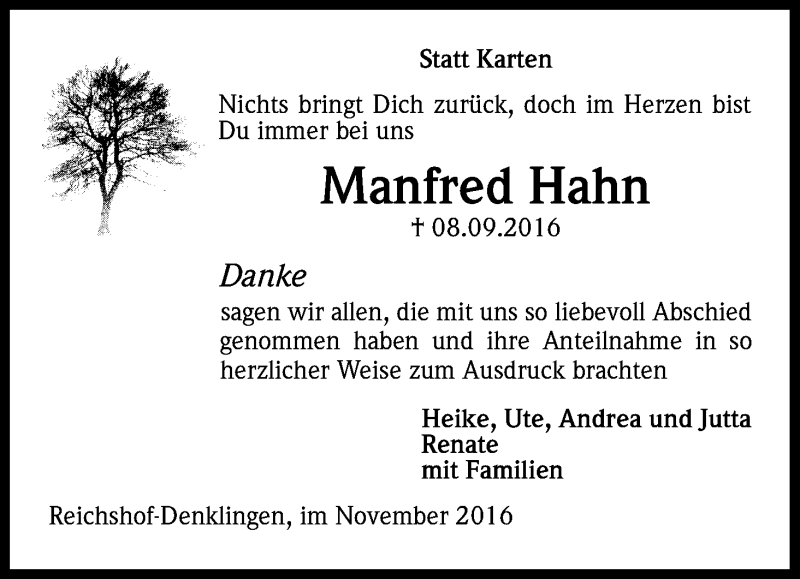  Traueranzeige für Manfred Hahn vom 11.11.2016 aus Kölner Stadt-Anzeiger / Kölnische Rundschau / Express