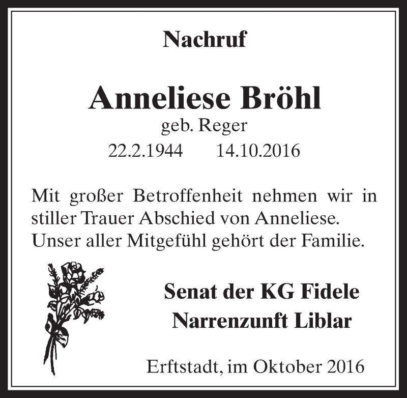  Traueranzeige für Anneliese Bröhl vom 02.11.2016 aus  Werbepost 