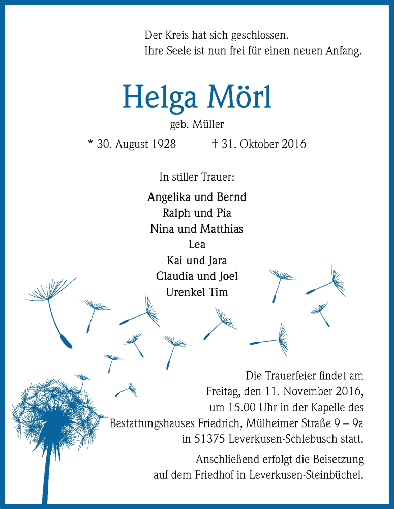  Traueranzeige für Helga Mörl vom 05.11.2016 aus Kölner Stadt-Anzeiger / Kölnische Rundschau / Express