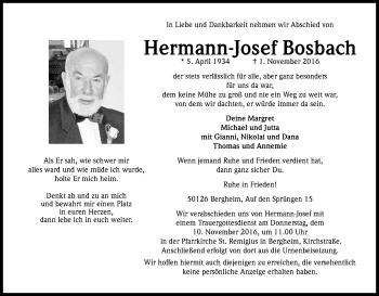 Anzeige von Hermann-Josef Bosbach von Kölner Stadt-Anzeiger / Kölnische Rundschau / Express