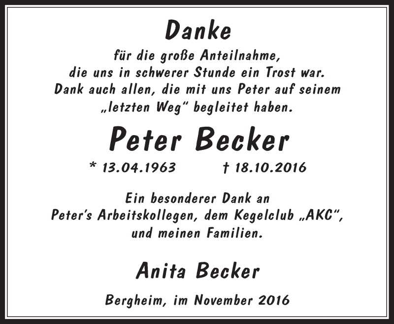  Traueranzeige für Peter Becker vom 23.11.2016 aus  Wochenende  Werbepost 