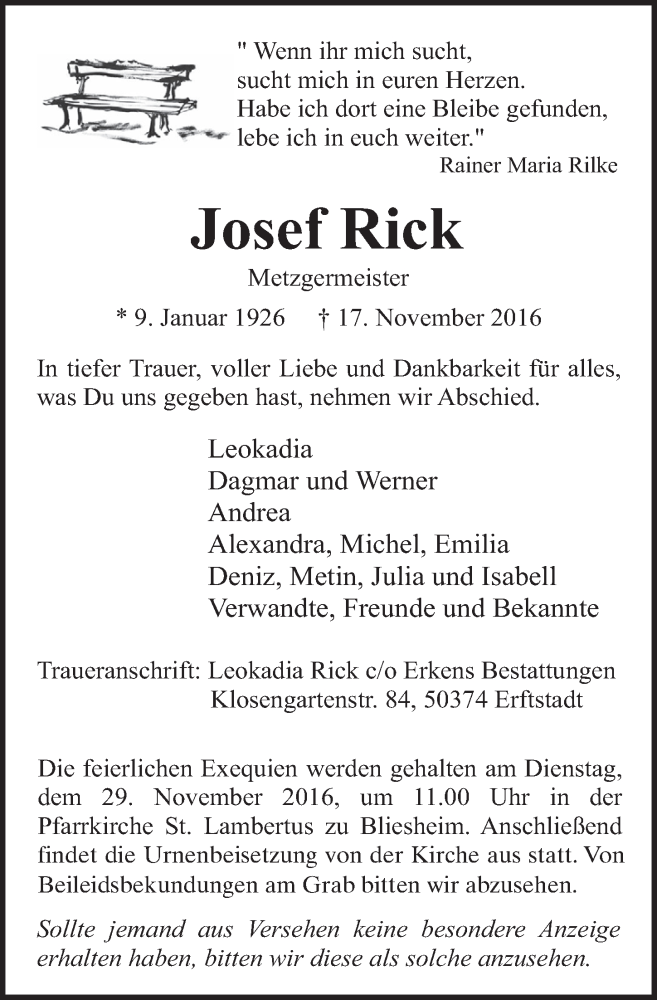  Traueranzeige für Josef Rick vom 23.11.2016 aus  Werbepost 