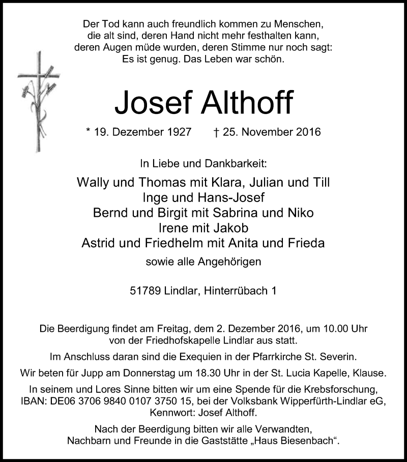  Traueranzeige für Josef Althoff vom 29.11.2016 aus Kölner Stadt-Anzeiger / Kölnische Rundschau / Express