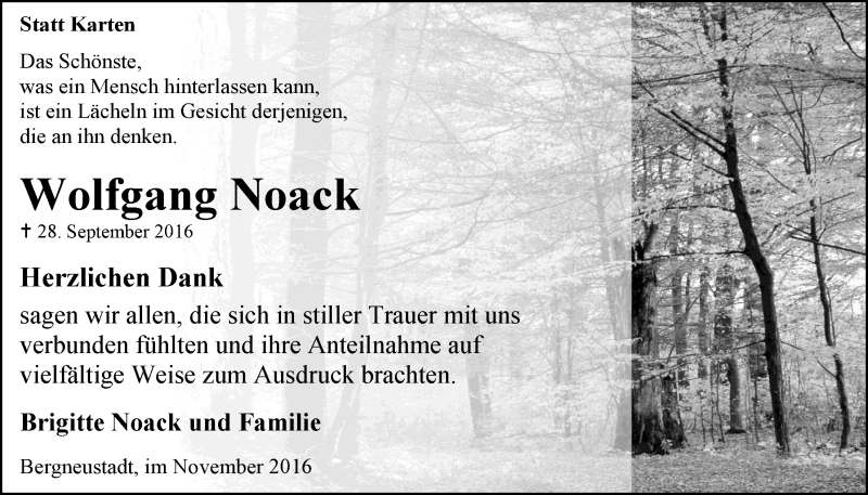  Traueranzeige für Wolfgang Noack vom 16.11.2016 aus  Anzeigen Echo 