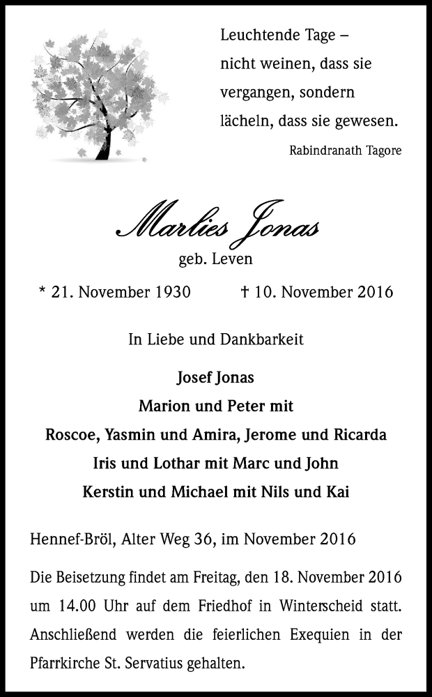  Traueranzeige für Marlies Jonas vom 15.11.2016 aus Kölner Stadt-Anzeiger / Kölnische Rundschau / Express