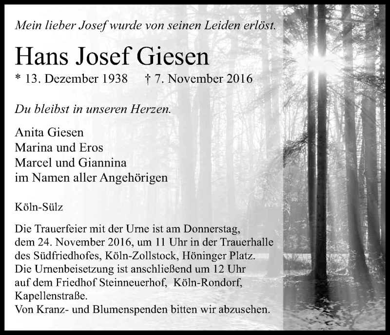  Traueranzeige für Hans Josef Giesen vom 12.11.2016 aus Kölner Stadt-Anzeiger / Kölnische Rundschau / Express