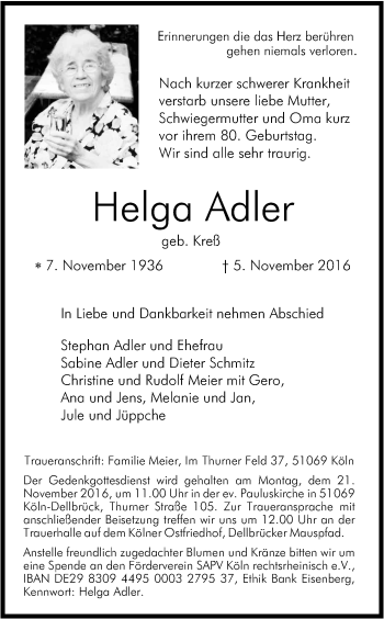 Anzeige von Helga Adler von Kölner Stadt-Anzeiger / Kölnische Rundschau / Express