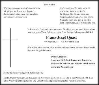 Anzeige von Franz-Josef Quast von  Anzeigen Echo 