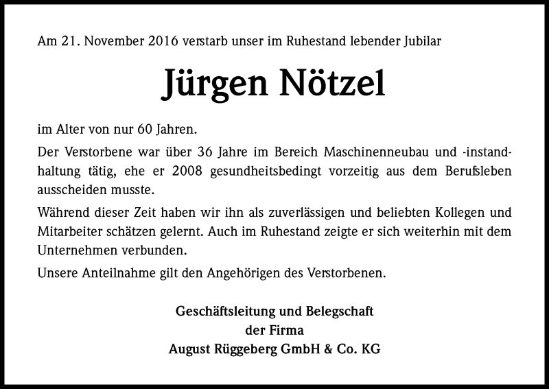  Traueranzeige für Jürgen Nötzel vom 29.11.2016 aus Kölner Stadt-Anzeiger / Kölnische Rundschau / Express