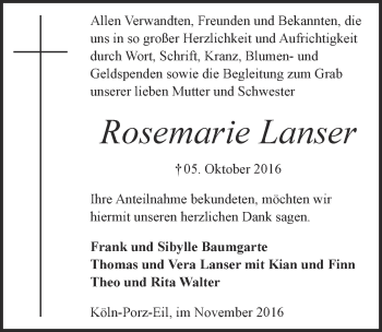 Anzeige von Rosemarie Lanser von  Kölner Wochenspiegel 