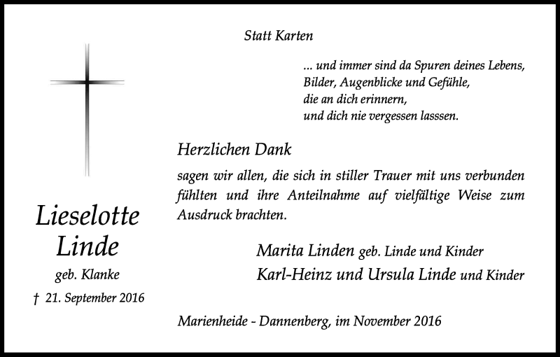  Traueranzeige für Lieselotte Linde vom 16.11.2016 aus Kölner Stadt-Anzeiger / Kölnische Rundschau / Express