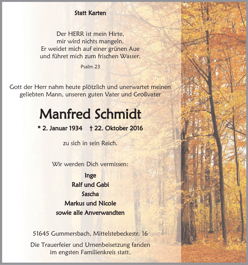  Traueranzeige für Manfred Schmidt vom 02.11.2016 aus  Anzeigen Echo 