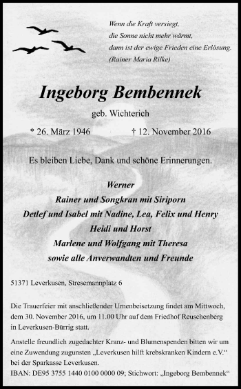 Anzeige von Ingeborg Bembennek von Kölner Stadt-Anzeiger / Kölnische Rundschau / Express