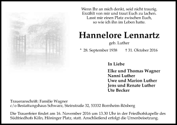 Anzeige von Hannelore Lennartz von Kölner Stadt-Anzeiger / Kölnische Rundschau / Express