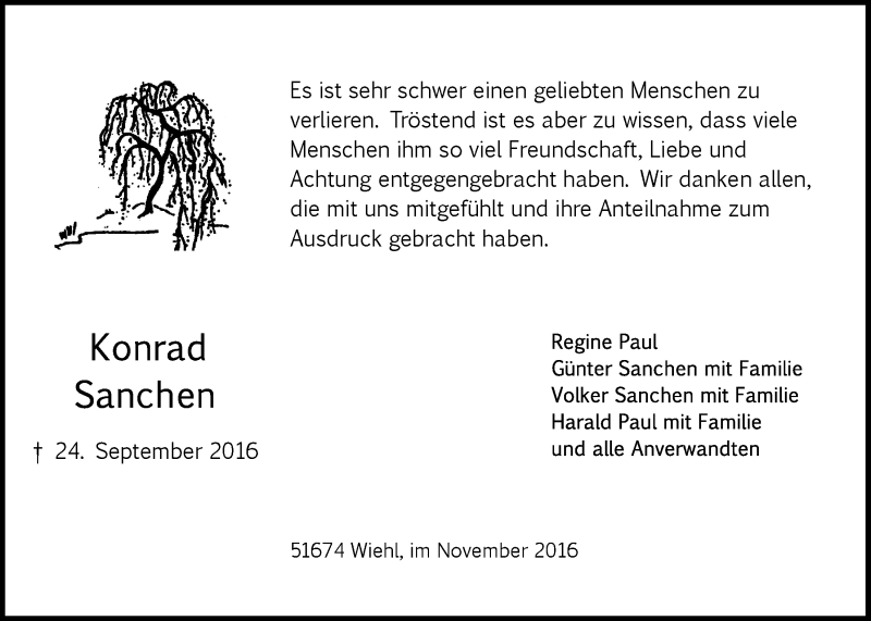  Traueranzeige für Konrad Sanchen vom 09.11.2016 aus  Anzeigen Echo 