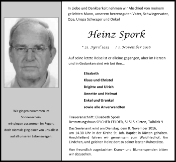 Anzeige von Heinz Spork von Kölner Stadt-Anzeiger / Kölnische Rundschau / Express