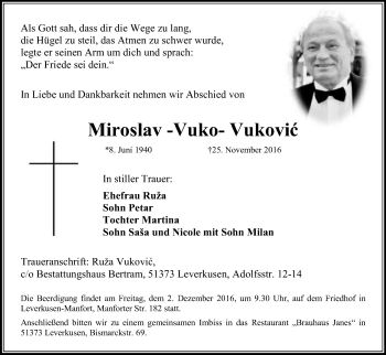 Anzeige von Miroslav Vukovic von Kölner Stadt-Anzeiger / Kölnische Rundschau / Express