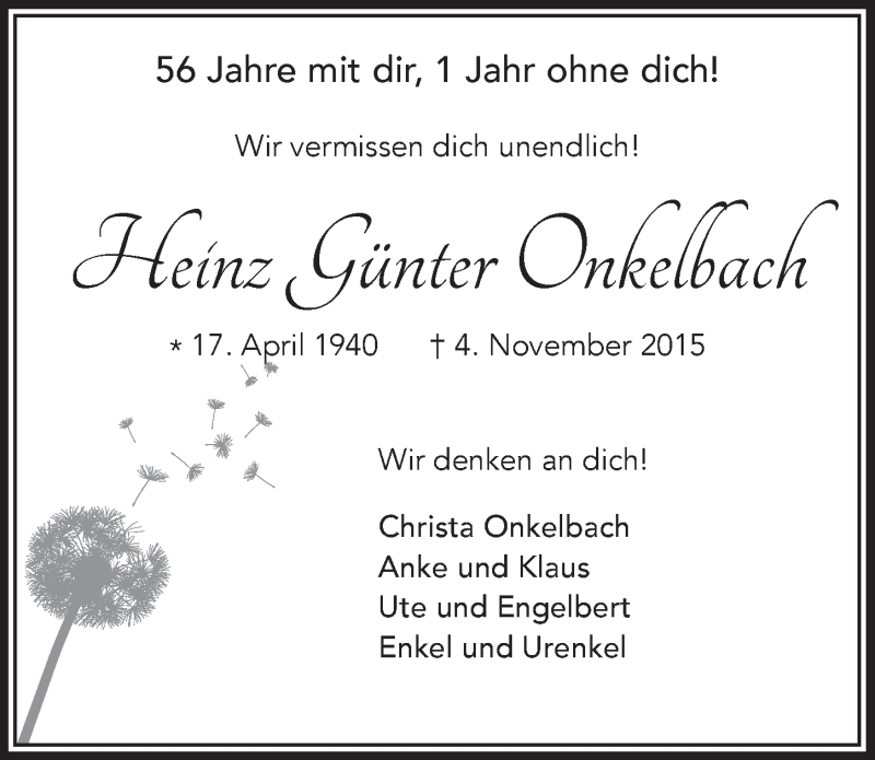  Traueranzeige für Heinz Günter Onkelbach vom 05.11.2016 aus  Leverkusener Wochenende 