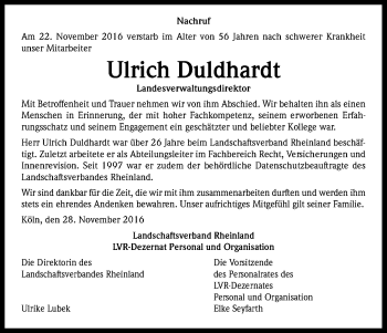 Anzeige von Ulrich Duldhardt von Kölner Stadt-Anzeiger / Kölnische Rundschau / Express