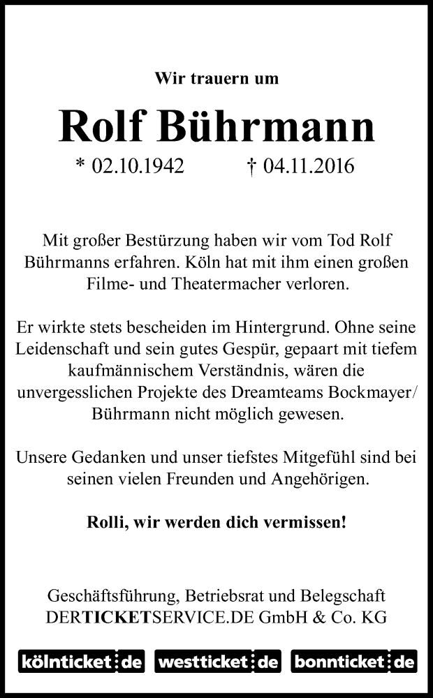  Traueranzeige für Rolf Bührmann vom 12.11.2016 aus Kölner Stadt-Anzeiger / Kölnische Rundschau / Express
