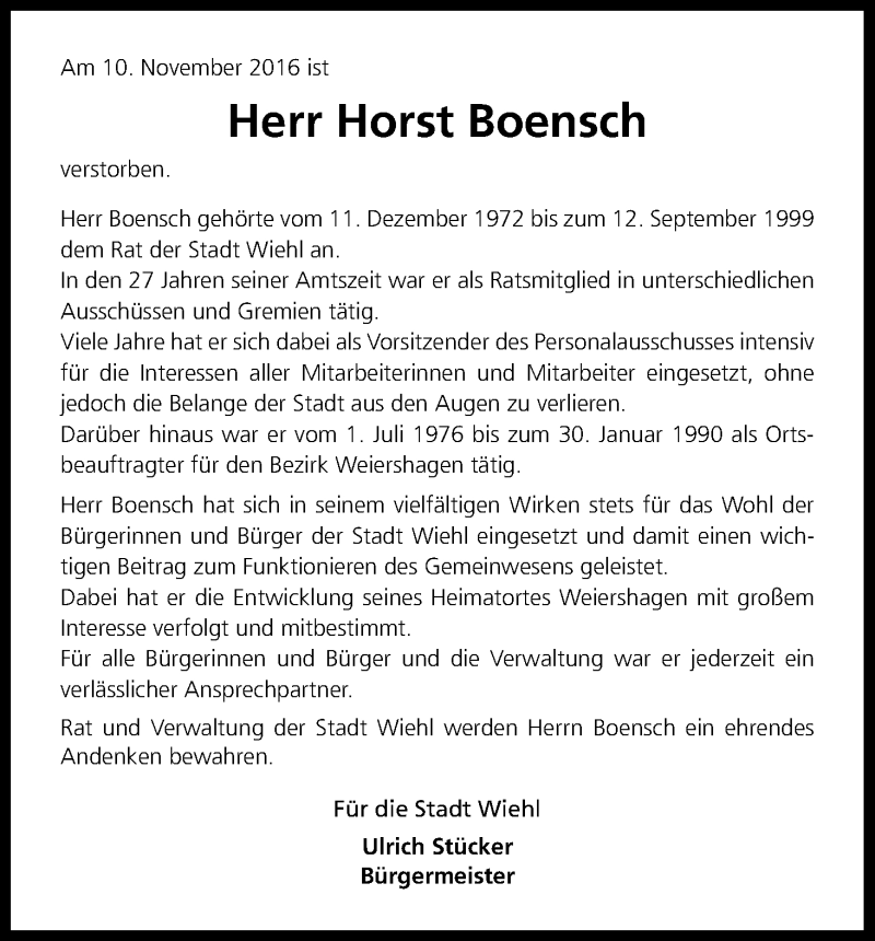  Traueranzeige für Horst Boensch vom 26.11.2016 aus Kölner Stadt-Anzeiger / Kölnische Rundschau / Express