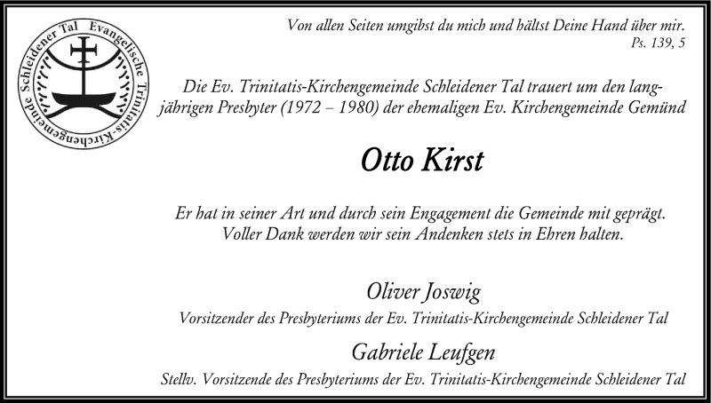  Traueranzeige für Otto Kirst vom 09.11.2016 aus Kölner Stadt-Anzeiger / Kölnische Rundschau / Express