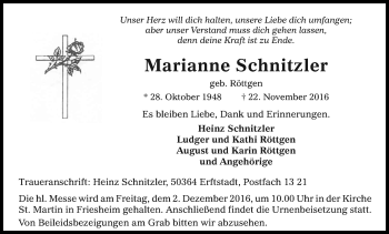Anzeige von Marianne Schnitzler von Kölner Stadt-Anzeiger / Kölnische Rundschau / Express