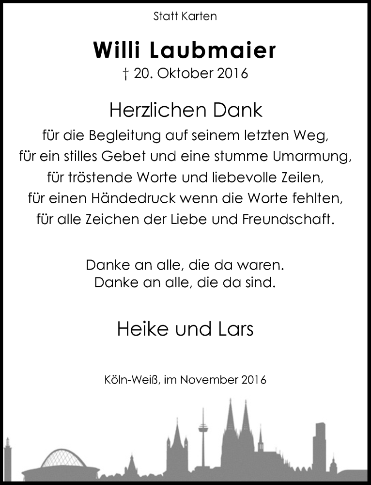  Traueranzeige für Willi Laubmaier vom 23.11.2016 aus  Kölner Wochenspiegel 