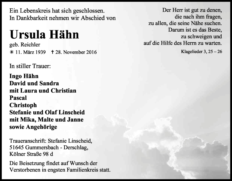  Traueranzeige für Ursula Hähn vom 30.11.2016 aus Kölner Stadt-Anzeiger / Kölnische Rundschau / Express