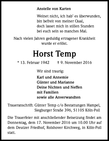Anzeige von Horst Temp von Kölner Stadt-Anzeiger / Kölnische Rundschau / Express