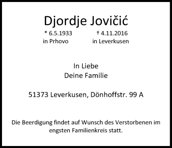 Anzeige von Djordje Jovicic von Kölner Stadt-Anzeiger / Kölnische Rundschau / Express