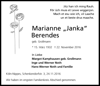 Anzeige von Marianne Berendes von Kölner Stadt-Anzeiger / Kölnische Rundschau / Express