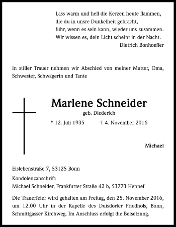 Anzeige von Marlene Schneider von Kölner Stadt-Anzeiger / Kölnische Rundschau / Express