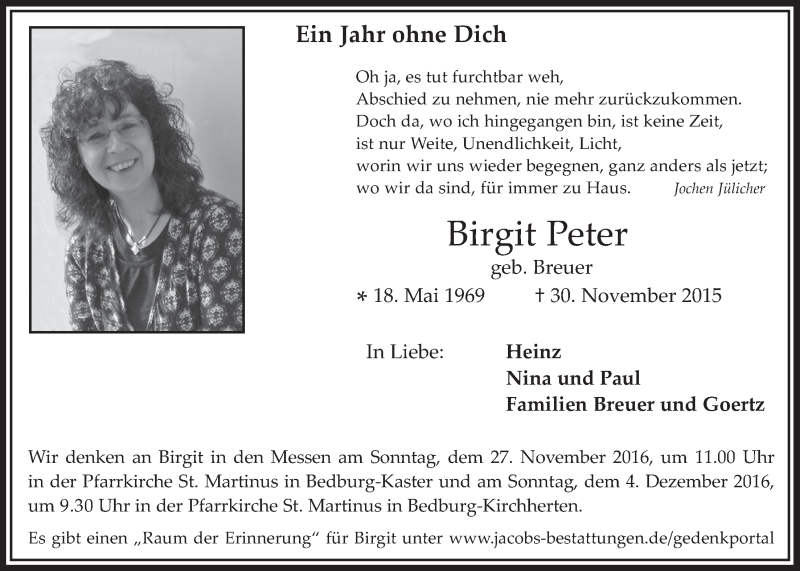  Traueranzeige für Birgit Peter vom 23.11.2016 aus  Werbepost 