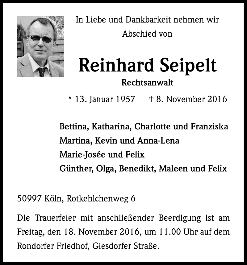  Traueranzeige für Reinhard Seipelt vom 12.11.2016 aus Kölner Stadt-Anzeiger / Kölnische Rundschau / Express