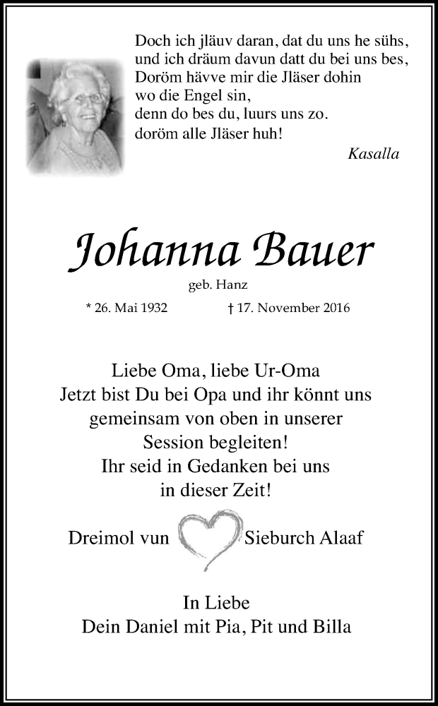  Traueranzeige für Johanna Bauer vom 26.11.2016 aus Kölner Stadt-Anzeiger / Kölnische Rundschau / Express