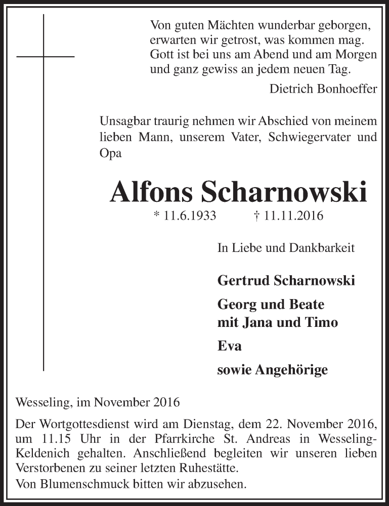  Traueranzeige für Alfons Scharnowski vom 16.11.2016 aus  Schlossbote/Werbekurier 