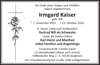 Anzeige von Irmgard Kaiser von  Sonntags-Post 