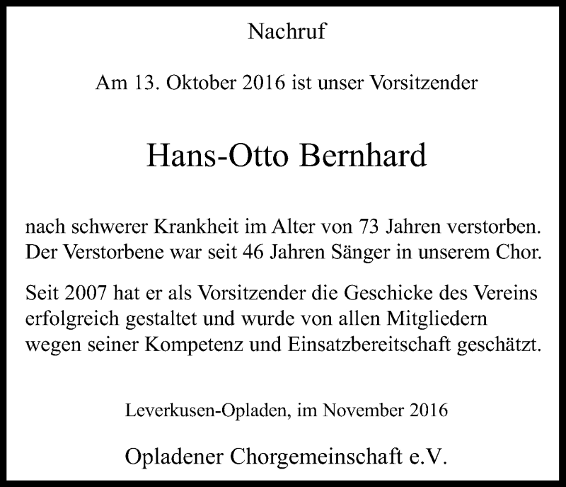 Traueranzeige für Hans-Otto Bernhard vom 19.11.2016 aus Kölner Stadt-Anzeiger / Kölnische Rundschau / Express