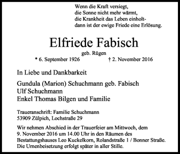 Anzeige von Elfriede Fabisch von Kölner Stadt-Anzeiger / Kölnische Rundschau / Express