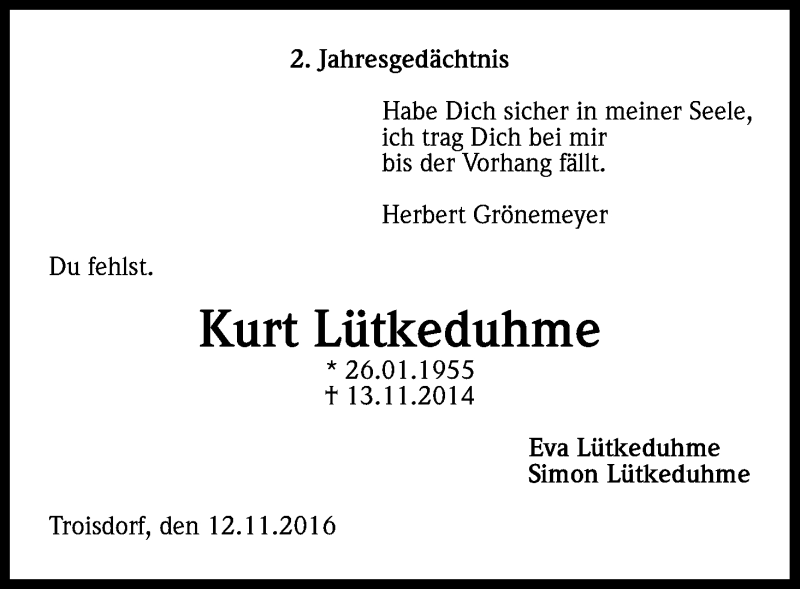  Traueranzeige für Kurt Lütkeduhme vom 12.11.2016 aus Kölner Stadt-Anzeiger / Kölnische Rundschau / Express