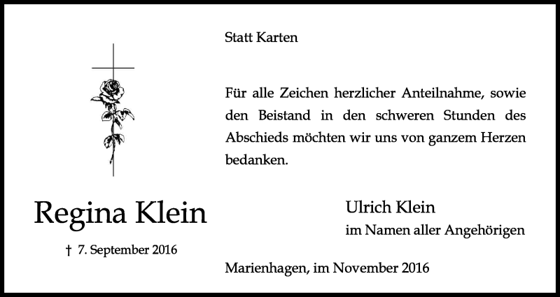  Traueranzeige für Regina Klein vom 23.11.2016 aus Kölner Stadt-Anzeiger / Kölnische Rundschau / Express