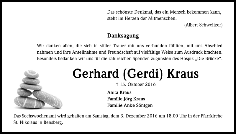  Traueranzeige für Gerhard Kraus vom 26.11.2016 aus Kölner Stadt-Anzeiger / Kölnische Rundschau / Express