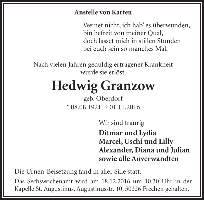  Traueranzeige für Hedwig Granzow vom 26.11.2016 aus  Sonntags-Post 