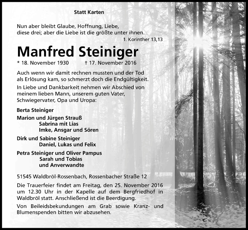  Traueranzeige für Manfred Steiniger vom 23.11.2016 aus  Lokalanzeiger 