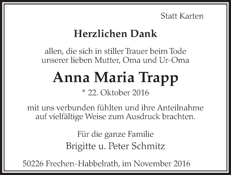 Traueranzeige für Anna Maria Trapp vom 16.11.2016 aus  Wochenende 